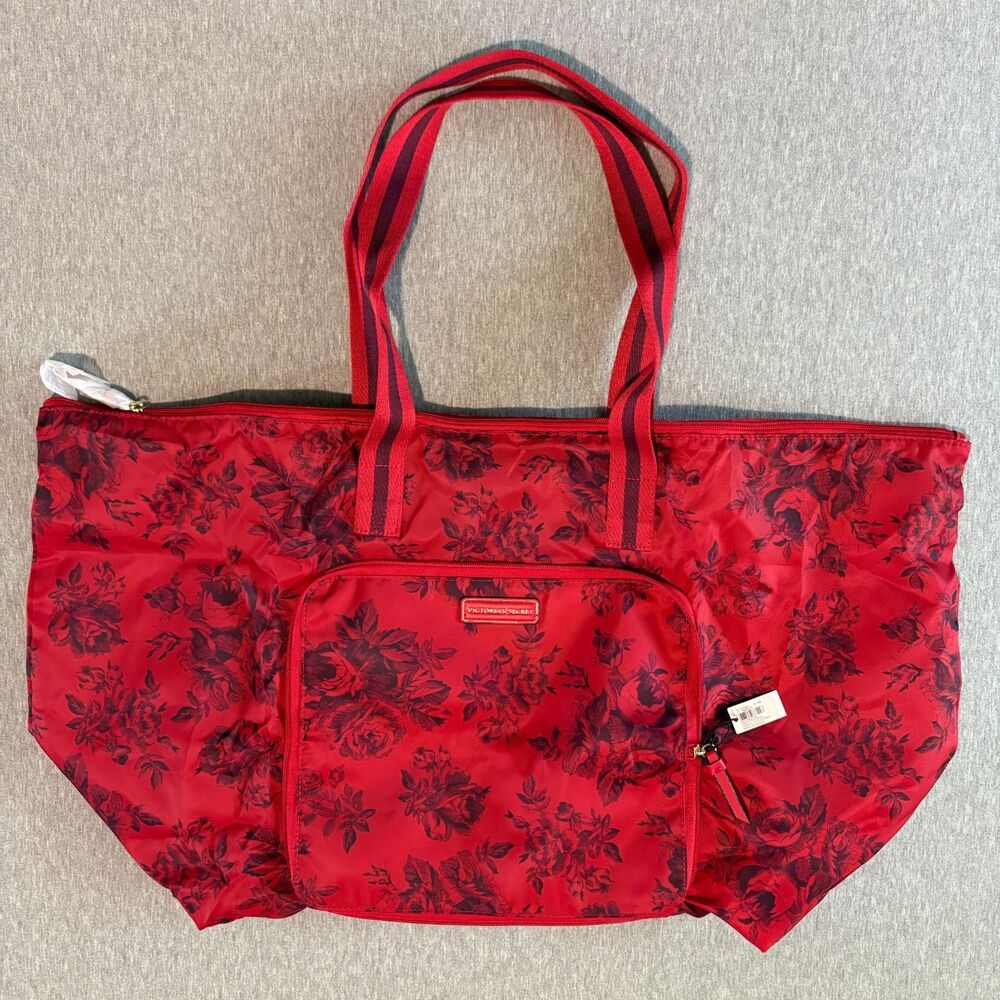 Victoria's Secret NWT Floral Packable Weekender Tote Bag Red Black Travel Duffle